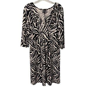 Slinky Brand Zebra Print Dress Sz M 3/4 Sleeve Black & White Polyester Spandex.